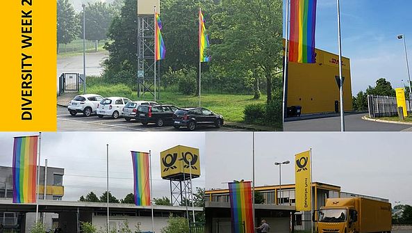 Vor drei Niederlassungen der Deutschen Post AG sind Regenbogenfahnen gehisst.