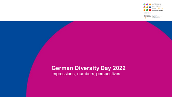 Zu sehen ist ein großer lilaner Kreis auf dunkelblauem Grund. Im Kreis steht "German Diversity Day 2022".