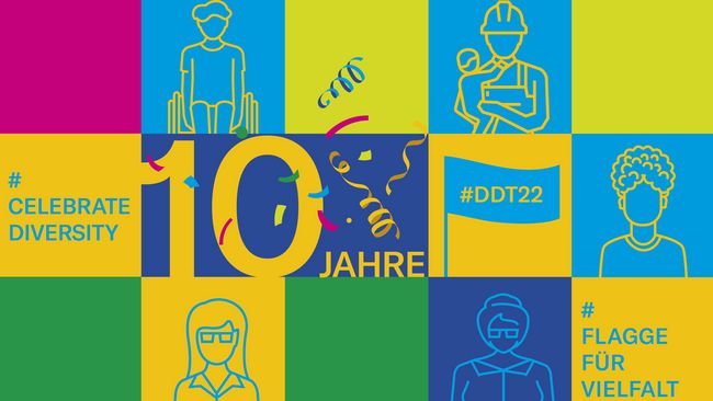 Zu sehen ist das Banner vom Deutschen Diversity Tag. Viele bunte Kacheln in grün, blau und magenta. Geschrieben steht groß "10 Jahre"