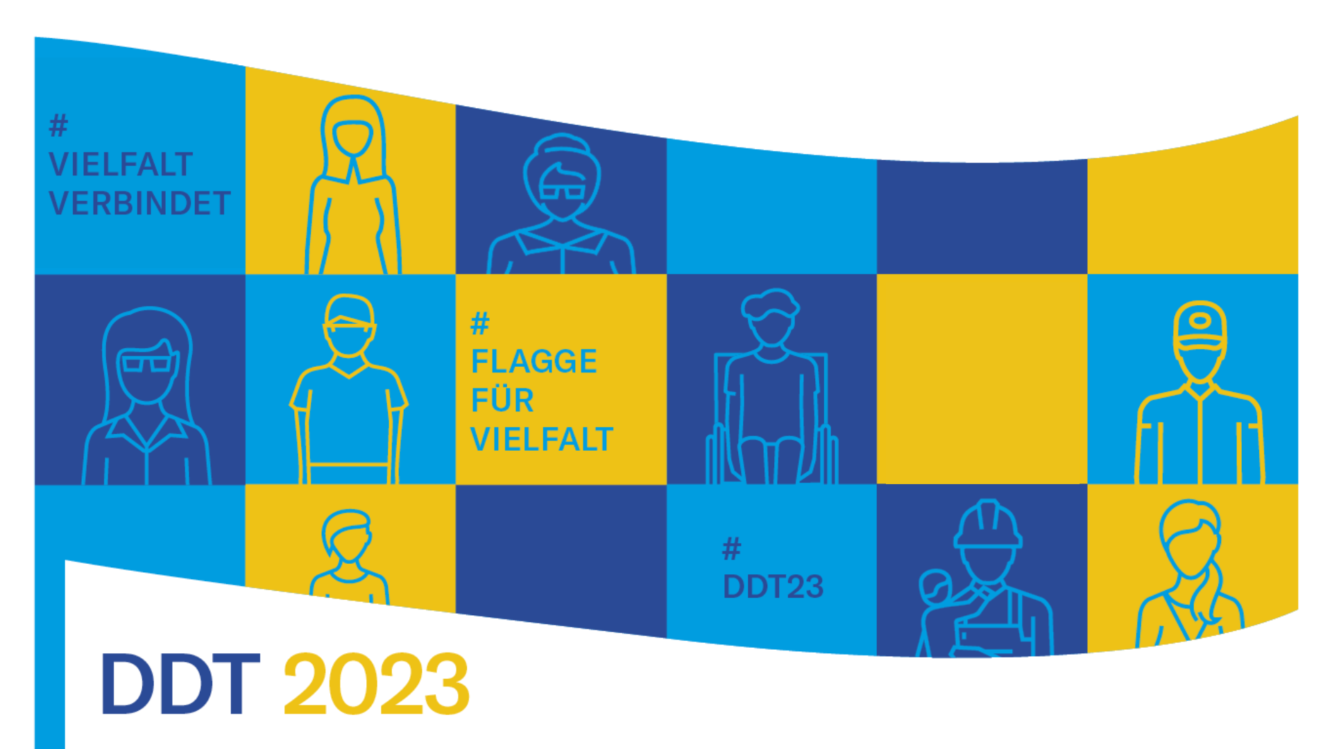 Grafische Darstellung einer Flagge, auf der in verschiedenen Quadraten Personen angedeutet sind, die die Vielfalt der Gesellschaft in Deutschland repräsentieren. Im Text: DDT 2023 und die Hashtags #DDT23, #VielfaltVerbindet, #FlaggeFürVielfalt